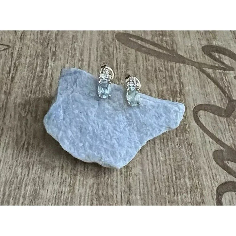 925 Sterling Silver Gold Vermeil Blue Topaz & Diamond Stud Post Earrings 1.2g
